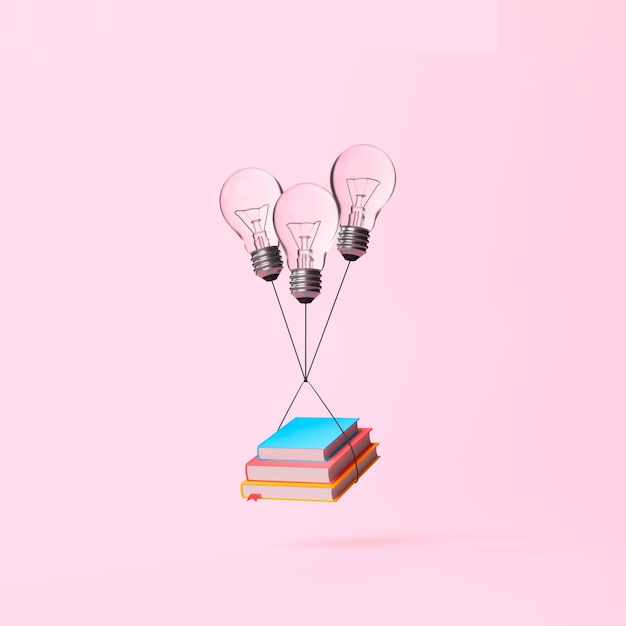 Книги с лампочками, летящими на розовом фоне Концепция образования 3D рендеринг иллюстрации