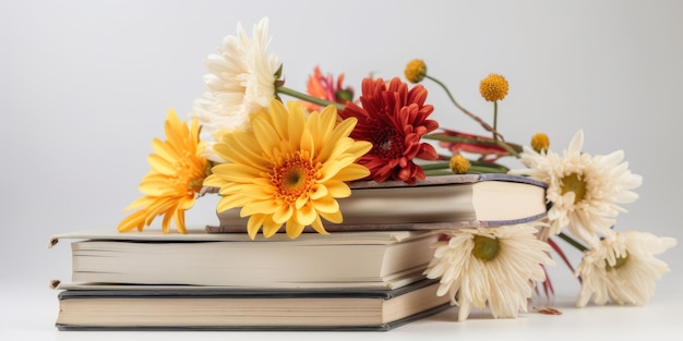 Фото Книги с цветами на белом фоне концепция всемирного дня книги фон
