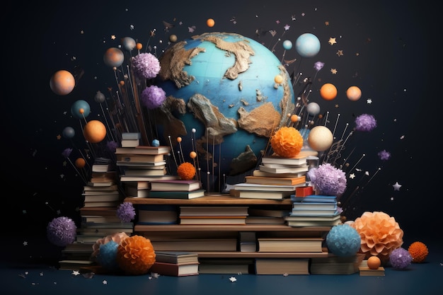 Books with Globe floating around it like planets and galaxies Science education Created with generative AI