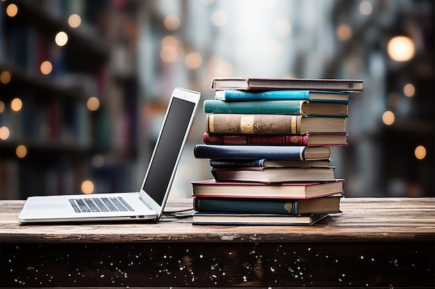 Photo books with laptop on table blur background