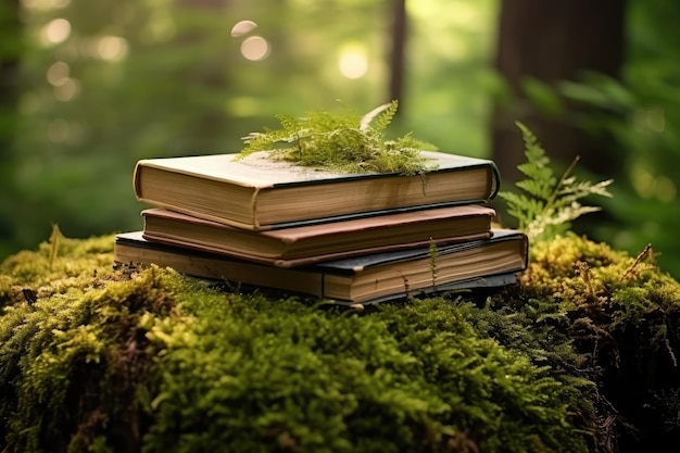 Books with old paper pages spread out on moss in a forest trees in the background emphasize the conc