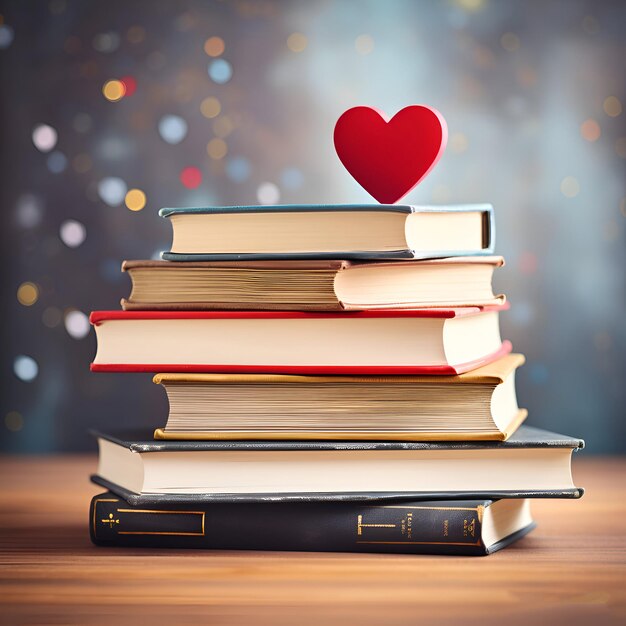 Books with red heart on wooden table in front of bokeh background