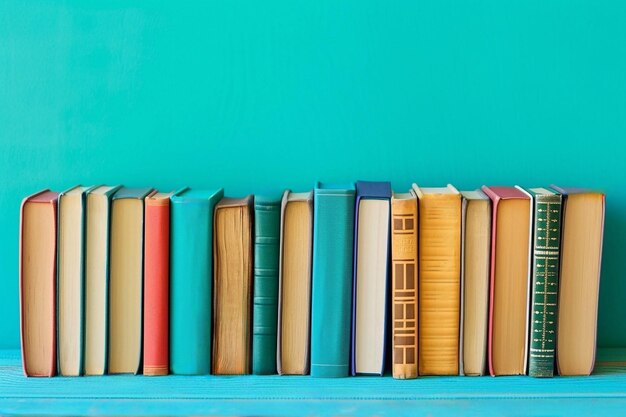 Books on wooden shelf on turquoise background