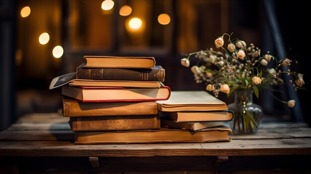 Foto libri su un tavolo di legno al buio con un vaso di fiori