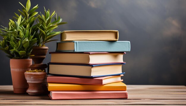 Books on wooden table Education background Back to school Copy space