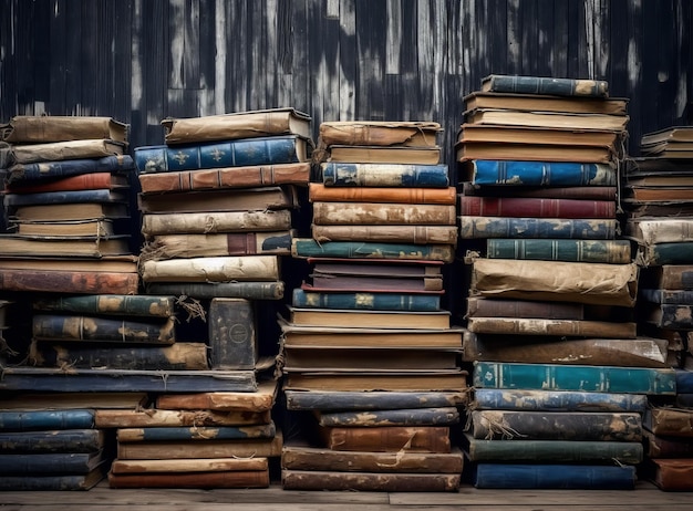 Books on wooden table in style of structured chaos