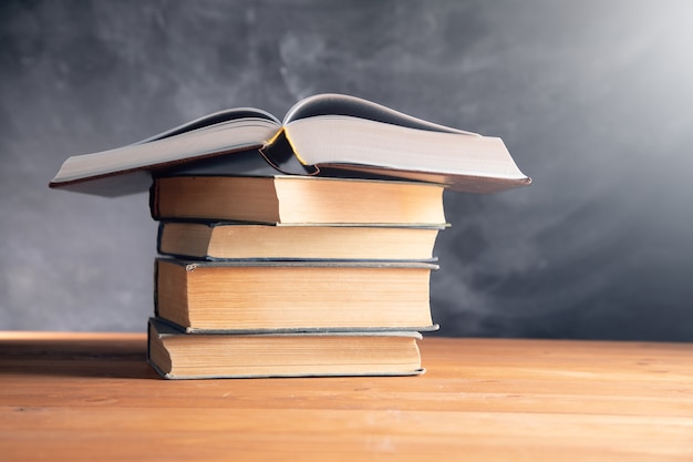 Books on a wooden table