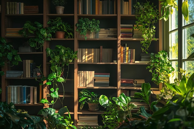 Bookshelf Filled With Green Plants