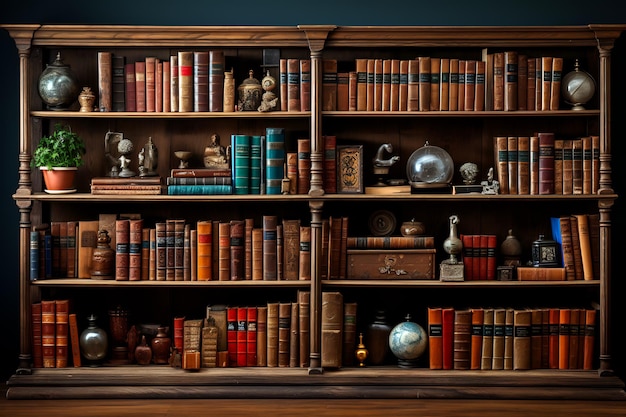 Книжная полка с множеством книг на деревянном полу Генеративный ИИ