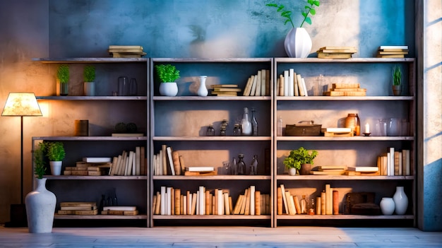 Bookshelf filled with lots of books next to white vase