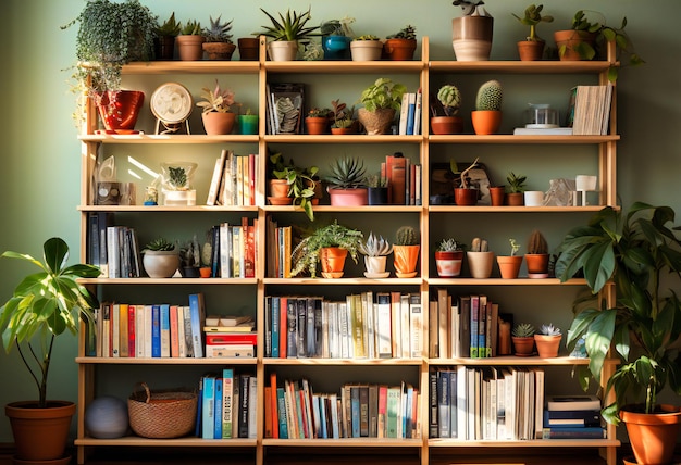 a bookshelf filled with many books and a potted plant