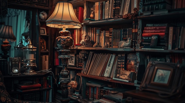 Книжная полка, заполненная различными книгами с темным фоном и кинематографическим ощущением, созданным искусственным интеллектом