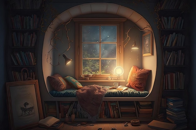 Bookshelf overflowing with books in cozy reading nook created with generative ai