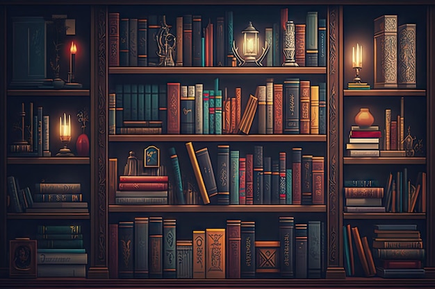 Bookshelf overflowing with books of different genres and styles created with generative ai