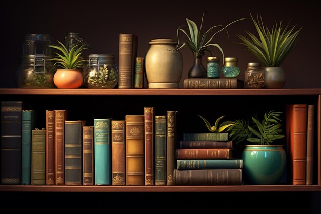 Bookshelf overflowing with books and knickknacks created with generative ai