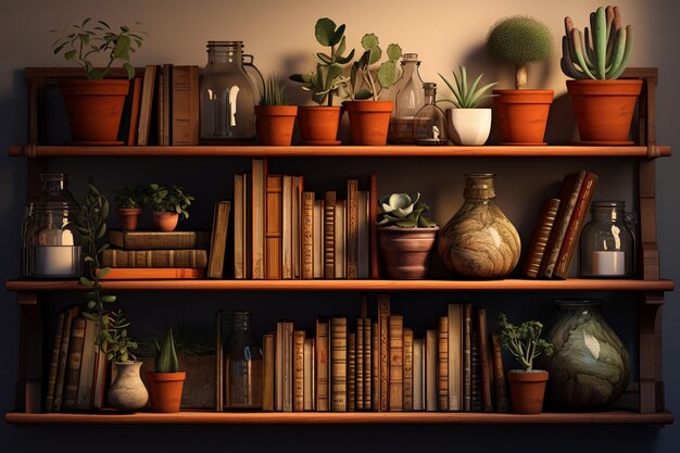 Bookshelf overflowing with books and knickknacks created with generative ai