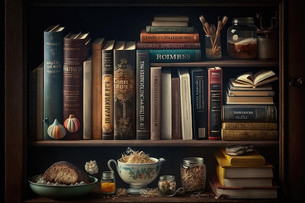 A bookshelf overflowing with novels biographies and cookbooks created with generative ai