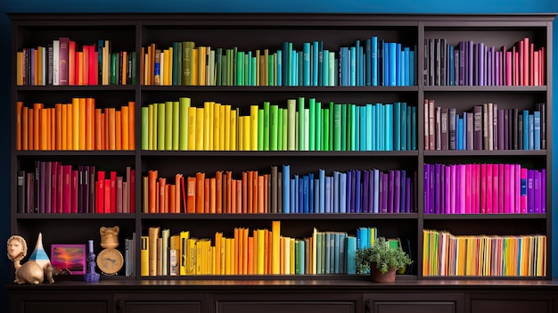 Bookshelf rainbow organizing books by color creating a stunning visual spectrum