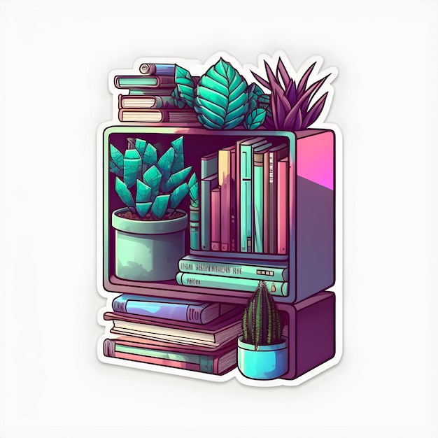 Photo bookshelf stack of books houseplants sticker design