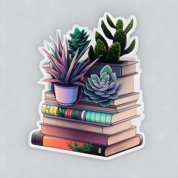 Photo bookshelf stack of books houseplants sticker design