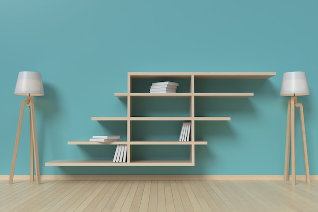 Bookshelf on the wall with books and lamp