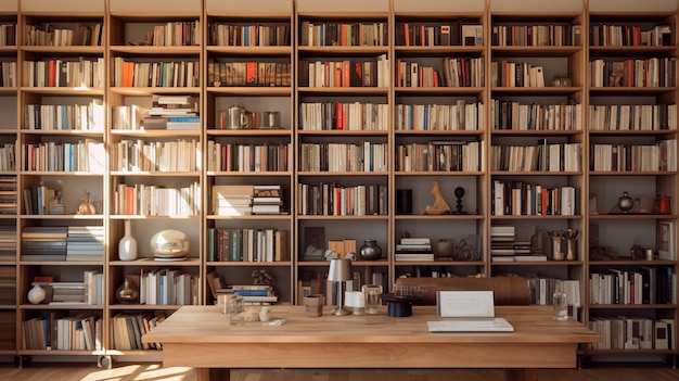 Bookshelf with books in modern library interior 3d rendering