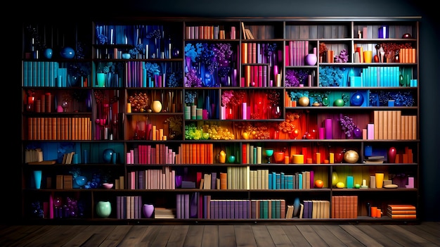 Bookshelf with colorful rainbow folders Wallpaper with straight view of open bookcase