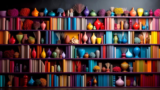 Bookshelf with colorful rainbow folders Wallpaper with straight view of open bookcase