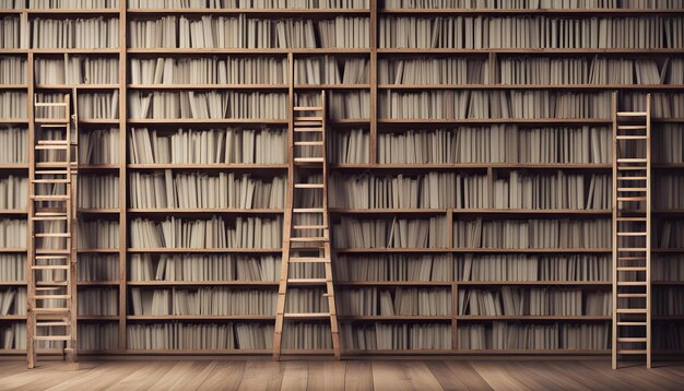 Photo bookshelf with ladder on the wall and ladder on the right side