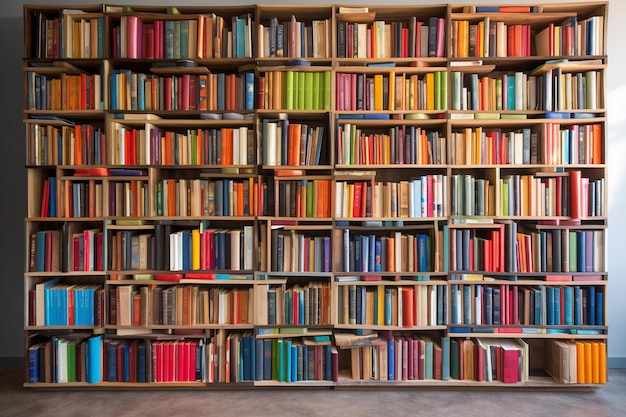 Bookshelf with many books in a public and modern library