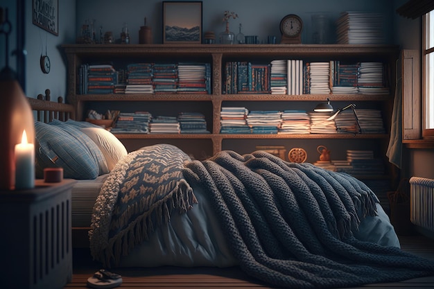 生成 AI で作成された本と毛布で満たされた居心地の良い寝室の本棚