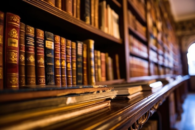 Bookshelves filled with books in an old library