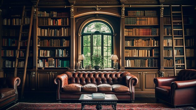 Bookshelves in the library Large bookcase with lots of books Sofa in the room for reading books Library or shop with bookcases