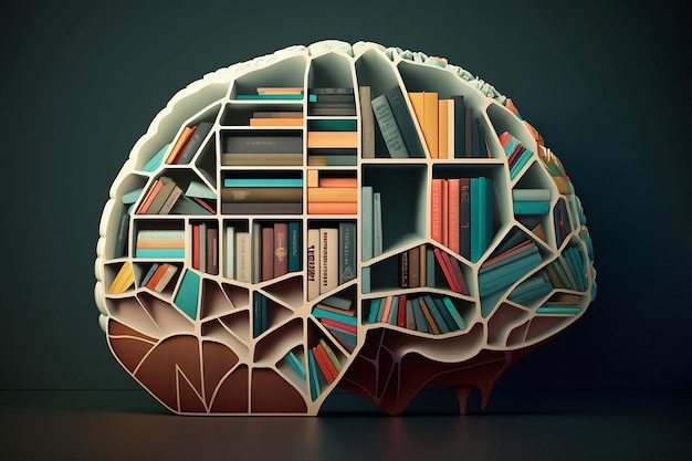 Bookshelves in the shape of human brain intelligence book shelf concept 3d rendering