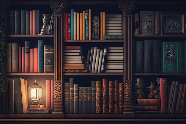 生成 AI で作成されたさまざまなジャンルやスタイルの本が並ぶ本棚