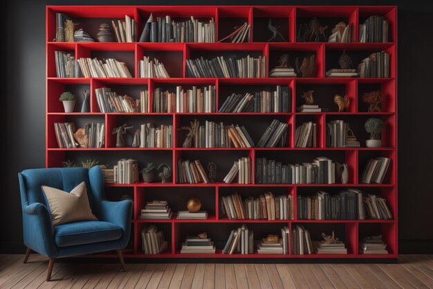 Bookshelves with books and armchair generative ai