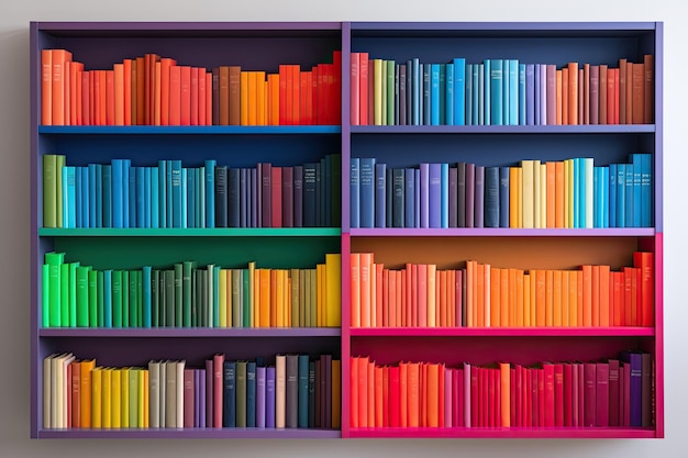 Bookshelves with colorful books 3d render illustration background