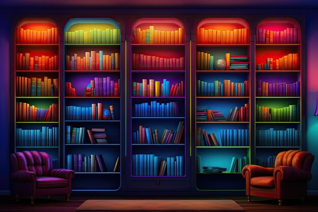 Photo bookshelves with colorful books 3d render illustration background