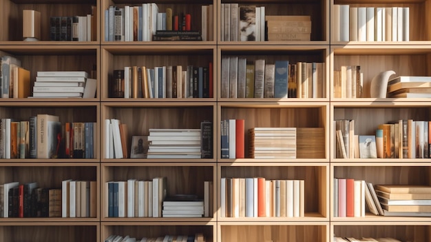 bookshelves with many books on them in a library generative ai