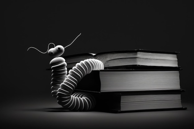 Фото Книжный червь настоящий червь, подвешенный перед пустым белым фоном в окружении книг 4
