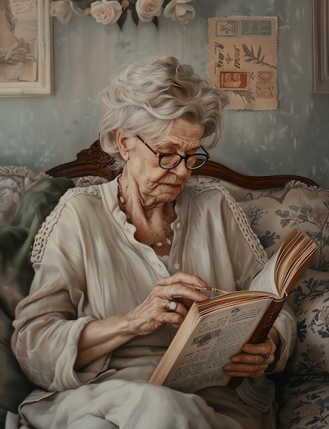 Foto bookworm oude vrouw zit op de bank en leest een boek vintage stijl rommel dagboek