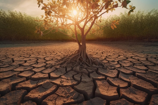 Boom groeit droogte zonsondergang Genereer Ai