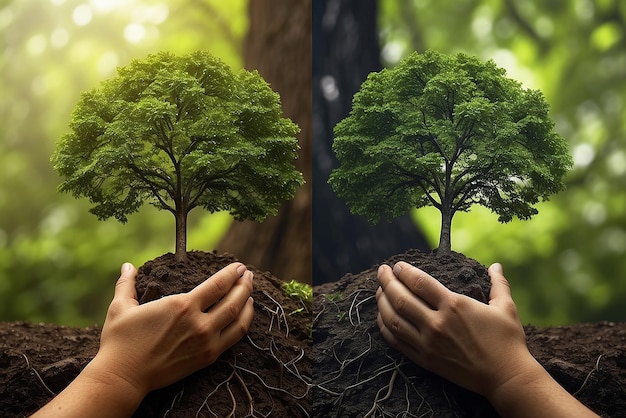 Boom in twee handen met zeer verschillende omgevingen aarde dag of wereld milieudag