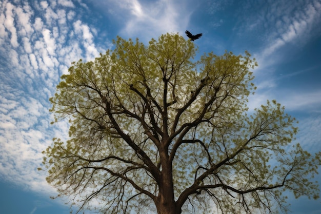 Boom met ontspruitende bladeren en vogel boven in de lucht gemaakt met generatieve ai