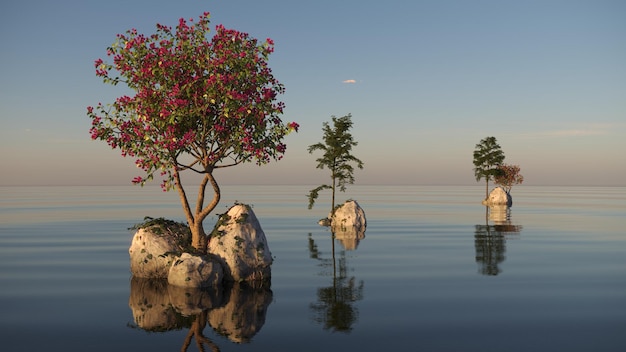 boom op een eiland in het midden van een meer prachtig landschap 3D illustratie cg render