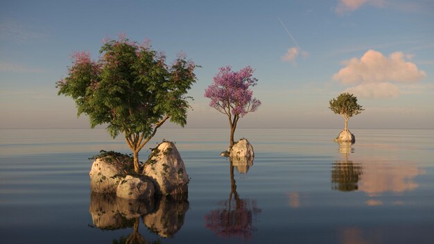 boom op een eiland in het midden van een meer prachtig landschap 3D illustratie cg render