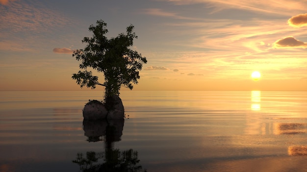 boom op een eiland in het midden van een meer prachtig landschap 3D illustratie cg render