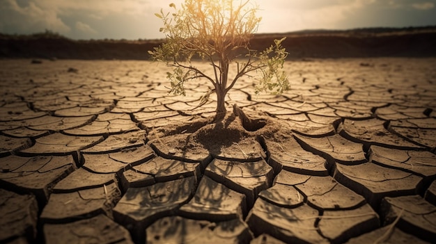 Boom op gebarsten grond als gevolg van droogte en opwarming van de aarde Watertekort en crisisomgeving
