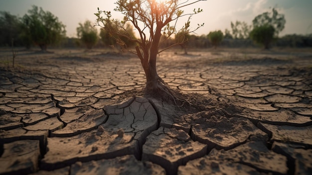 Boom op gebarsten grond als gevolg van droogte en opwarming van de aarde Watertekort en crisisomgeving