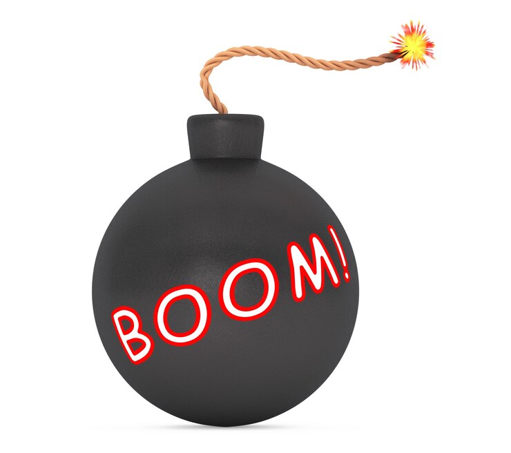 Foto boom sign black bomb met wick op een witte achtergrond. 3d-rendering